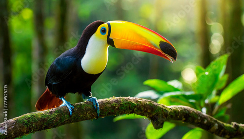 Close-up of a beautiful cute colorful toco toucan (Ramphastos Toco), tropical bird in Brazilian Amazon, standing on a tree branch in the tropical forest. Generative Ai. © Alberto Masnovo