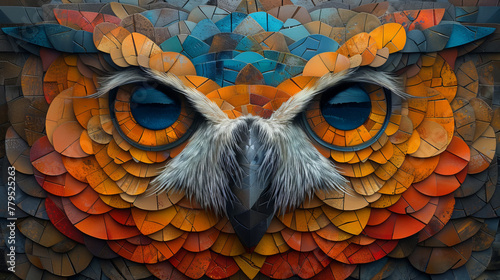 A colorful owl made of paper with a blue eye