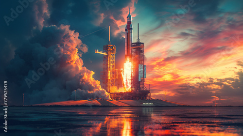 A rocket is launching into the sky with a beautiful sunset in the background
