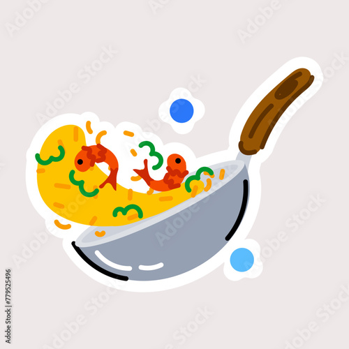 A flat sticker of cooking seafood 