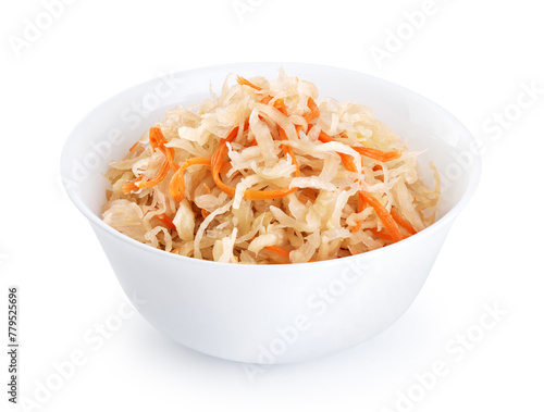 Sauerkraut with carrots in bowl isolated on white background. With clipping path.