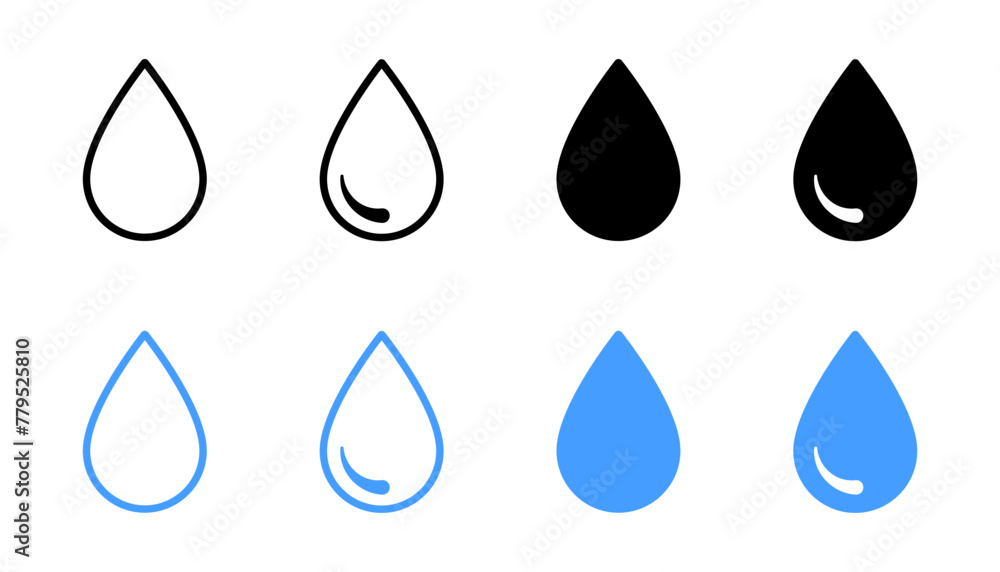 Waterdrop vector icon set. Rain drip liquid logo. Droplet sign. Tear and oil isolated symbol. Simple blue splash mark. Waterdrop vector icon set. Rain drip liquid logo. Droplet sign. Tear and oil isolated symbol. Simple blue splash mark.
