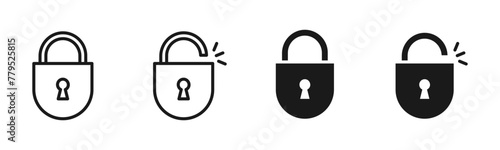 Lock or padlock vector icon set. Security protection keyhole sign. Safety password confidential symbol. Privacy access or permission isolated illustration. Line, outline, filled black web buttons. photo