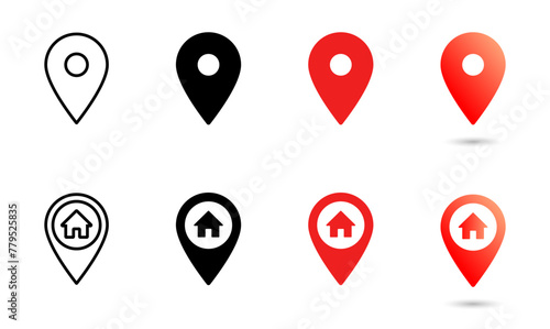 Map pin location vector icon set. Navigation marker and position pointer symbol. Global positioning system sign. Home address geo location illustration isolated.