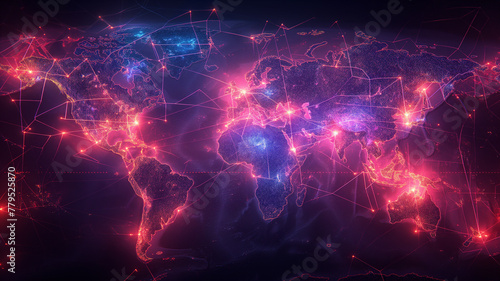 A colorful, glowing map of the world with many lights on it