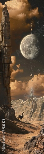 Aerospace living, where llamas animotion ancient stones coexist, blending past future, peaceful orbit scene, dynamic photo