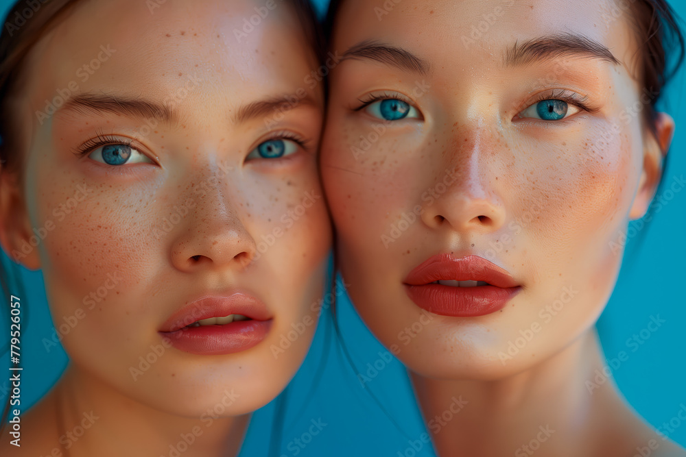 Freckled Elegance. A close-up portrait of two beautiful women with clean, freckled skin, and captivating blue eyes, set against a tranquil blue backdrop Freckled Elegance. A close-up portrait of two beautiful women with clean, freckled skin, and captivating blue eyes, set against a tranquil blue backdrop