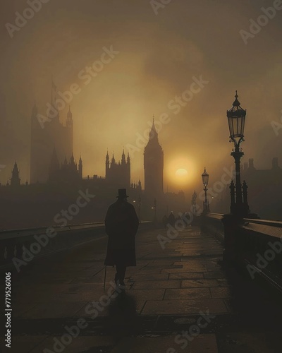 Austenite glow surrounds a timetraveling astronaut with a walker cane, exploring mysterious Victorian London, foggy dawn photo