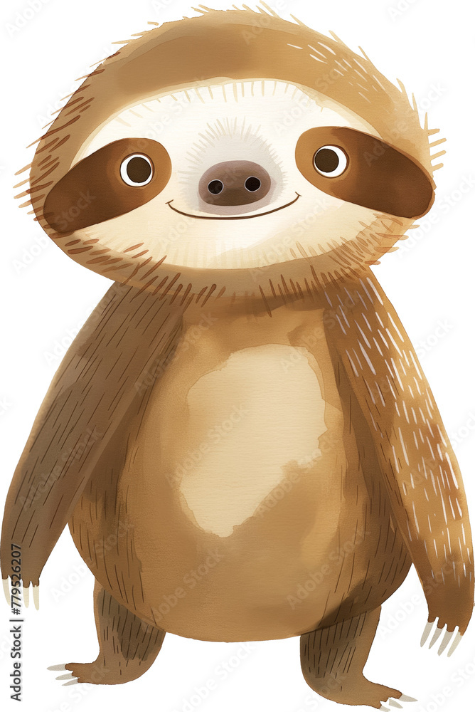 Fototapeta premium Watercolor illustration of sloth cartoon character In the style of childish and whimsy isolated.