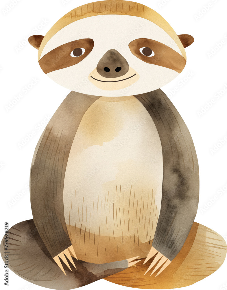 Obraz premium Watercolor illustration of sloth cartoon character In the style of childish and whimsy isolated.