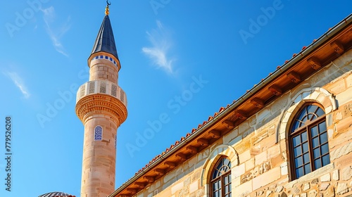 View of the mosque and minaret with a clear sky, in the style of architectural focus, blue sky photo