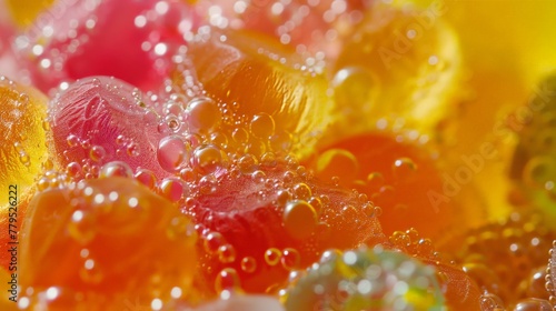 A close up of a bunch of colorful jelly beans with water droplets on them