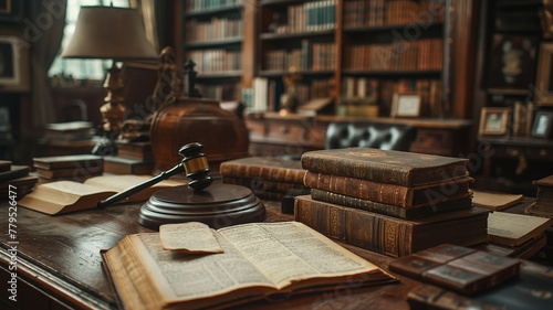 A judge's desk with a gavel and a stack of books photo