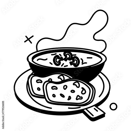 Mushroom puree with bread, glyph style sticker 