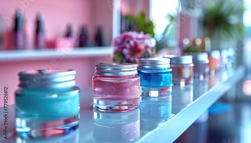 Showcase of beauty products on a glass shelf with a blurred background