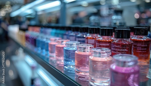 Assorted small colorful glass cosmetic jars and bottles displayed neatly on a store shelf