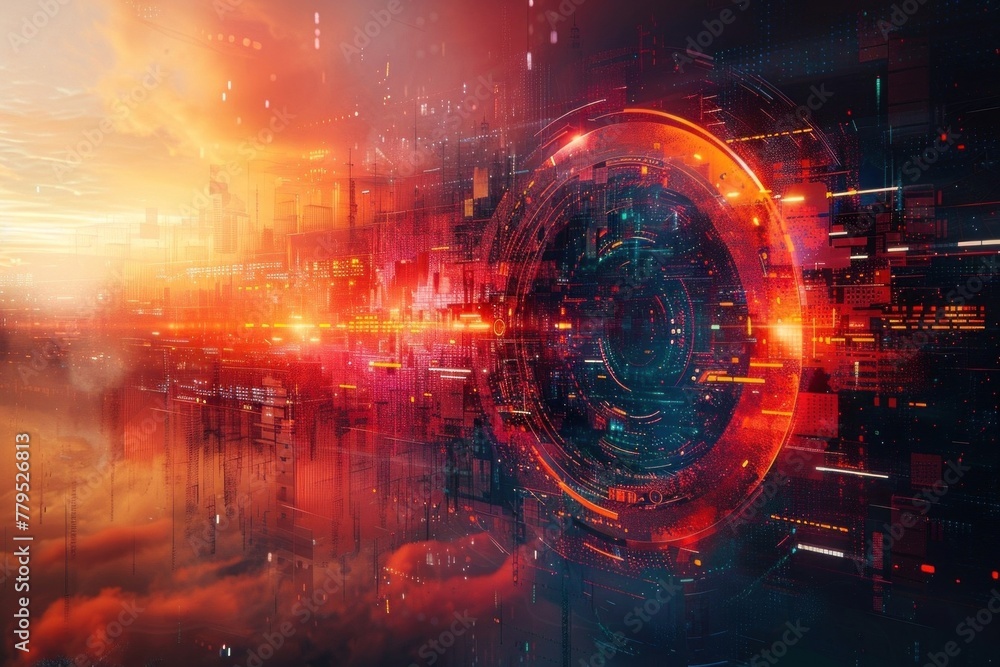 Fototapeta premium Glowing Red Futuristic Cityscape Illustration With Circle Of Lights In Foreground