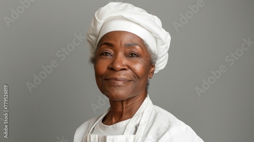 A woman wearing a white chef's hat and apron is smiling