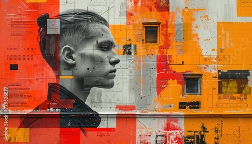 Portrait of a young man with colorful graffiti on the wall in the background. photo