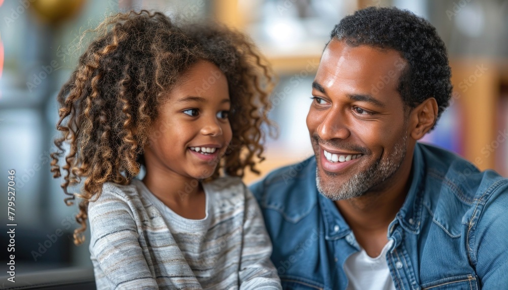 Smiling African American father and daughter looking at each other Smiling African American father and daughter looking at each other