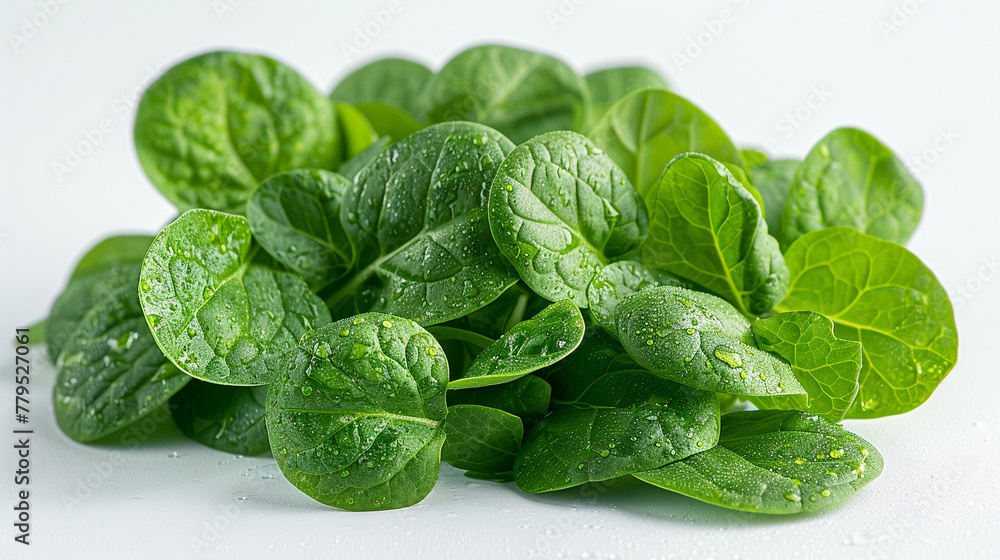Fototapeta premium Spinach leaves, White background, Healthy lifestyle, Vegetarian food, Fresh produce
