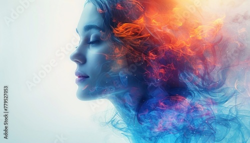 Portrait of a young woman with fire and ice elements in her hair and face.