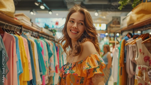 Young beautiful smiling woman in a clothing store
