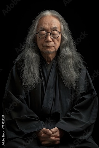 A man with long hair and glasses is sitting in a black robe