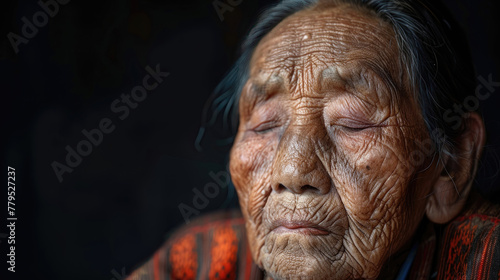 A woman with wrinkles on her face is sitting in a chair