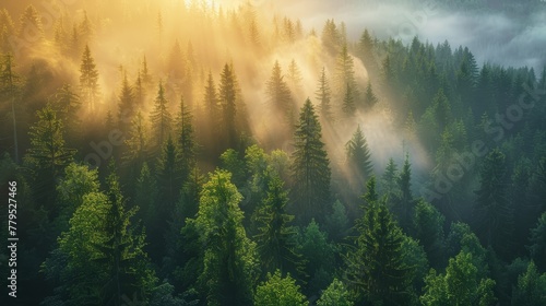 nature background captures a magical sunrise with rays piercing through the mist over a lush green forest, creating a peaceful and revitalizing scene. © Riz
