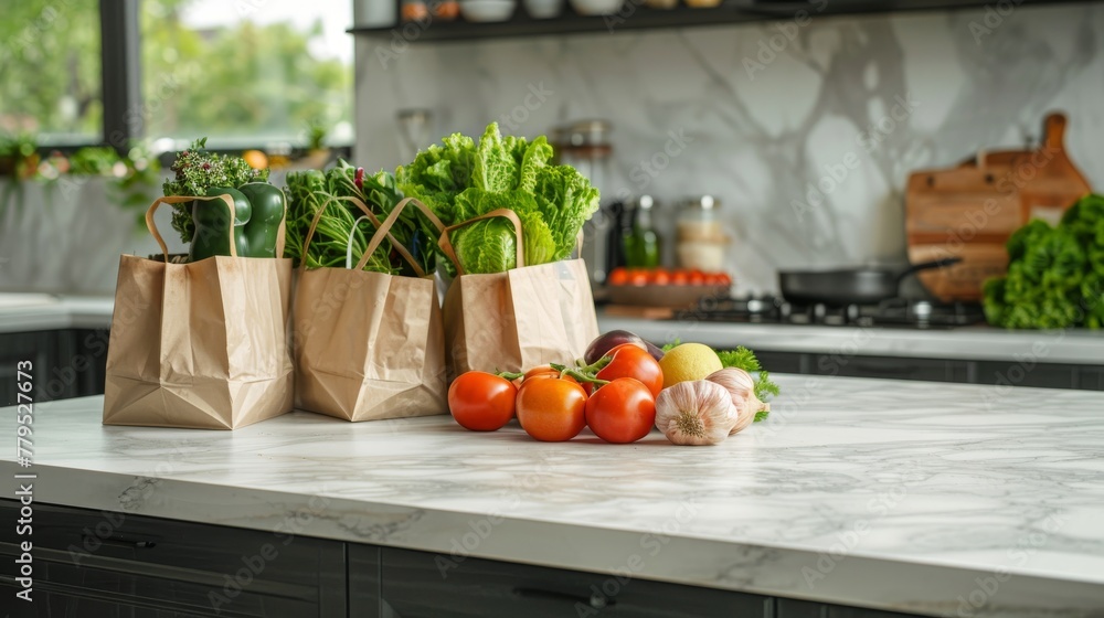 White marble table with paper bags of super market with groceries, the background is modern blurred kitchen. Healthy food delivery concept. Generative ai White marble table with paper bags of super market with groceries, the background is modern blurred kitchen. Healthy food delivery concept. Generative ai