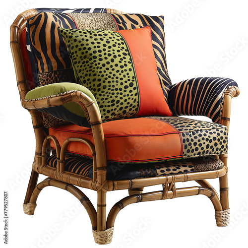 Rattan chair with colorful pillows and cushions with animal print