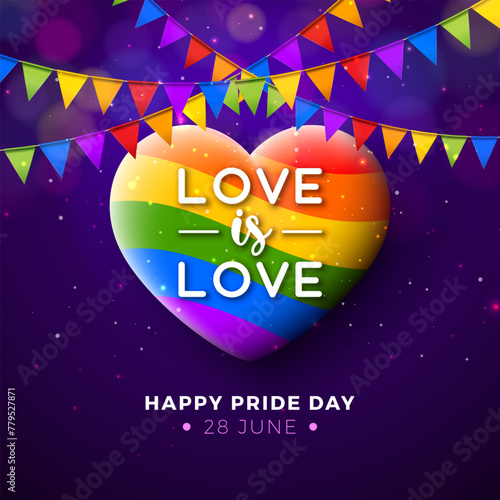 Happy Pride Day LGBTQ Illustration with Rainbow Heart and colorful Party Flag on Purple Background. 28 June Love is Love Human Rights or Diversity Concept. Vector LGBT Event Banner Design for Postcard