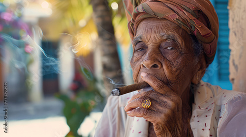 Old cuban woman smoking cigar portrait photo