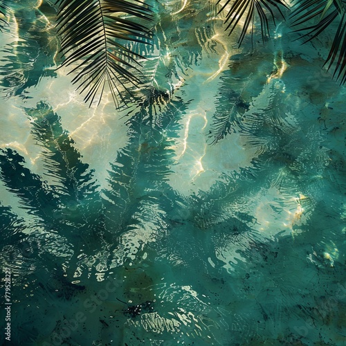 Tropical Palm Leaves with Calm Water Reflections Background © Riz