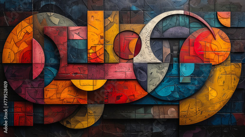 A colorful abstract painting with the letters "O" and "L" in the middle
