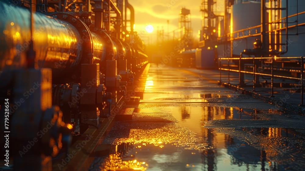 Sunrise Reflecting on Industrial Pipelines and Valves with Water Puddles