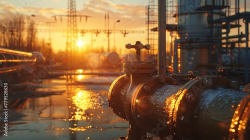 The golden hour casts a warm glow over an array of industrial valves and pipes, creating a compelling image for infrastructure and energy themes.