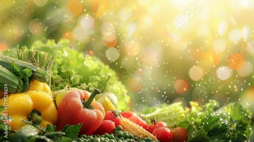 fresh vegetables and fruits with water droplets on each one of them, composed asthetically photo