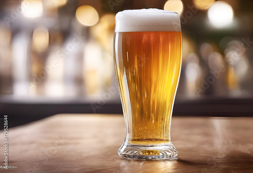 Refreshing pint of cold lager beer in a glass on a wood table