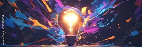 Creative colorful light bulb with splash of paint isolated on gradient background, idea concept banner design for advertising and creative thinking 