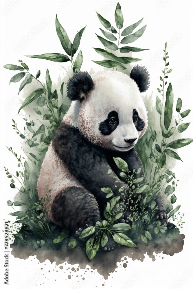 AI generated illustration of a cute panda on a foliage background in a watercolor style AI generated illustration of a cute panda on a foliage background in a watercolor style