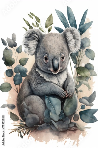 AI generated illustration of a cute koala on a foliage background in a watercolor style