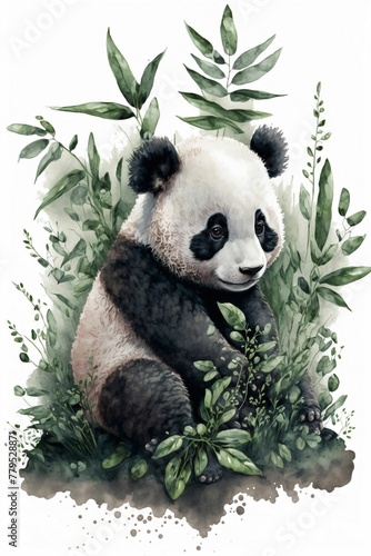 AI generated illustration of a cute panda on a foliage background in a watercolor style