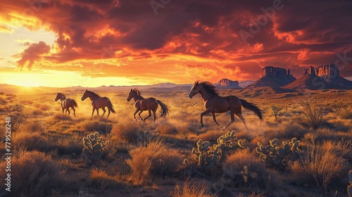 Wild Mustangs in the American Southwest Desert photo