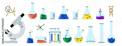 Laboratory glassware. Chemical reagents in glass bottles and rest tubes and flasks. Medical lab equipment. Scientific research tools. Doodle drawing. Vector cartoon flat isolated illustration