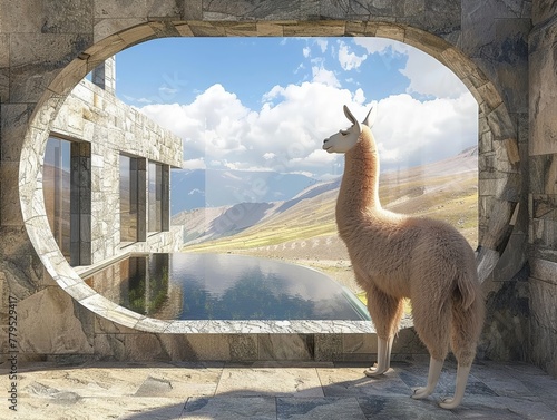 Llama animotion, blending ancient stonework into modern aerospace living spaces, zerogravity gardens, ethereal, panoramic photo