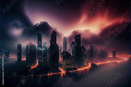 AI generated illustration of a futuristic city with high buildings under the purple clouds