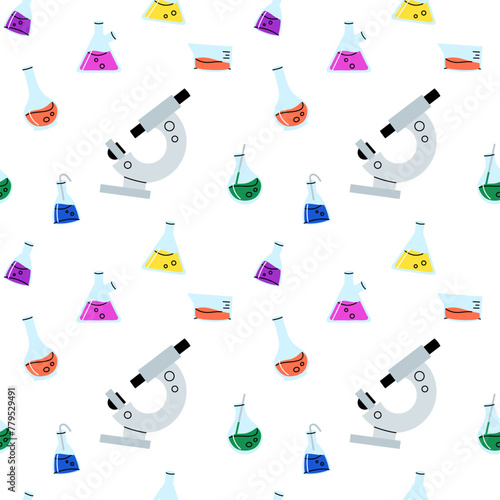 Laboratory glassware seamless pattern. Chemical reagents in glass bottles and rest tubes and flasks. Medical lab equipment. Scientific research tools. Doodle vector cartoon flat isolated background