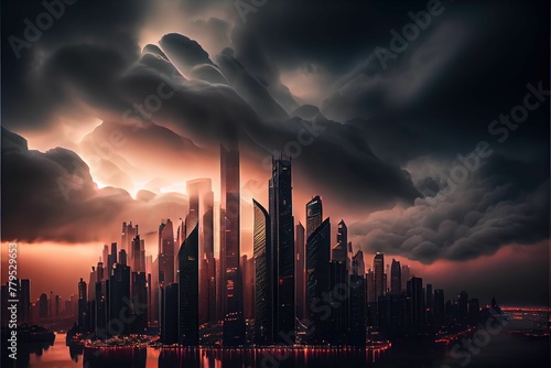 AI generated illustration of a futuristic cityscape in front of a sea at night